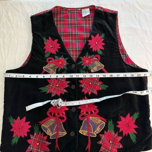 Vintage Black Velvet Poinsettia Floral Embroidered Vest Christmas Holiday Womens - Picture 7 of 8